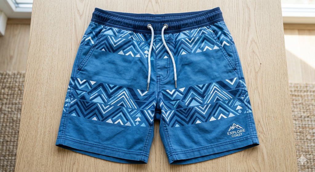 Blue board shorts featuring a modern design and comfortable fit.
