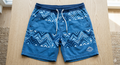 Blue board shorts featuring a modern design and comfortable fit.