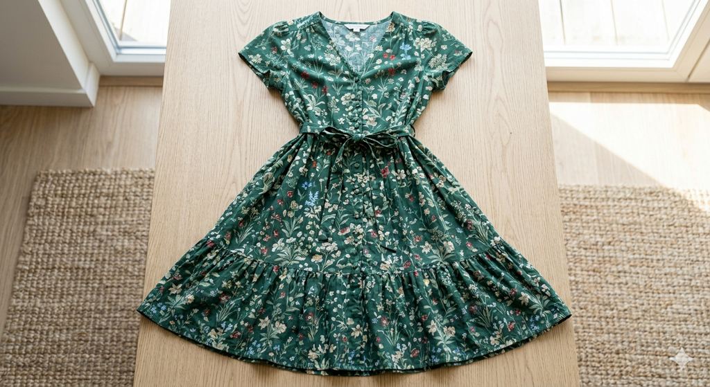 Elegant green dress with a fitted bodice and flowing skirt displayed on a mannequin.