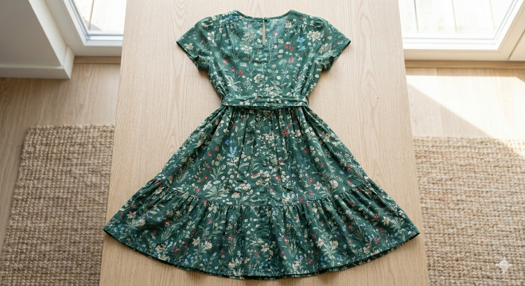Close-up of the green dress showcasing its intricate fabric texture and stylish neckline.