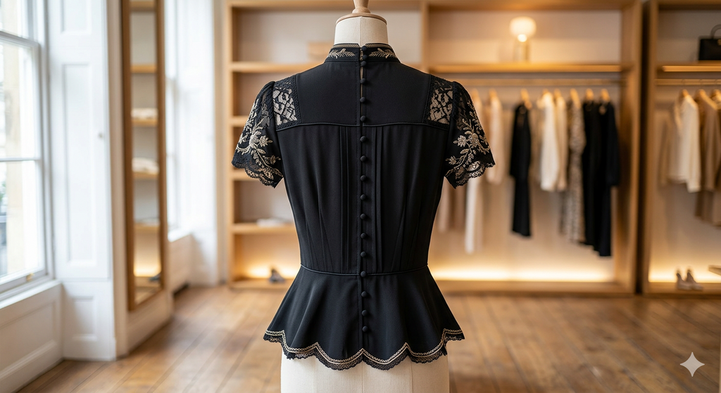 Stylish black blouse featuring a modern cut and draped neckline.