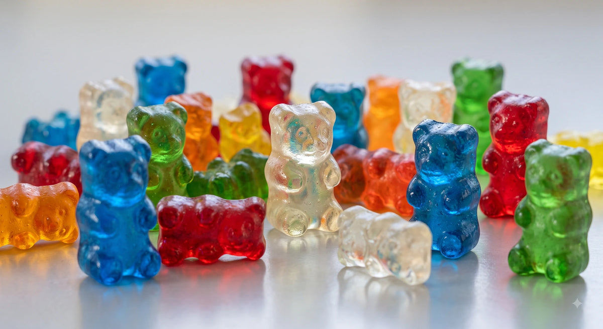 Colorful gummy bears in various shades, including red, blue, green, and orange, featuring a glossy, chewy texture.