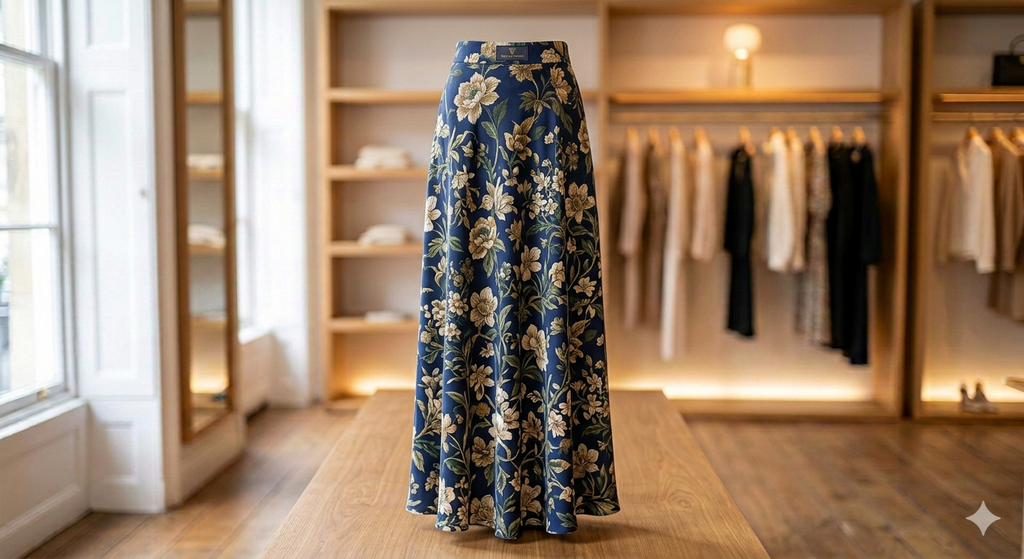 Elegant floral skirt with vibrant patterns and a flowing design.
