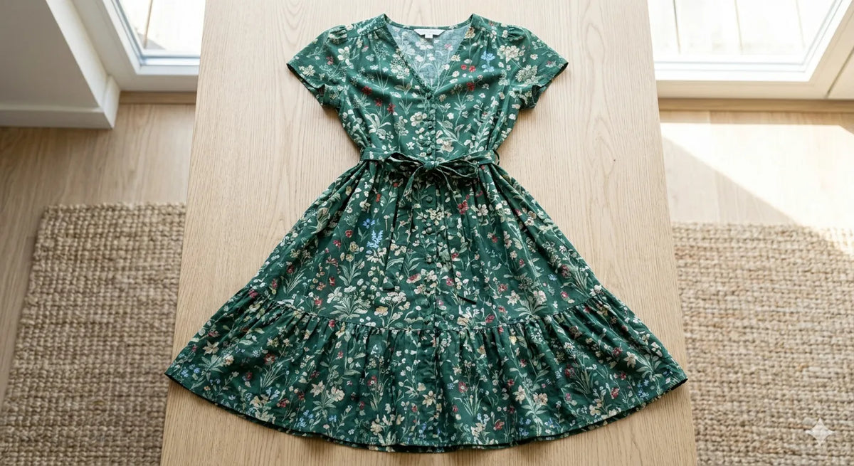 Elegant green dress with a fitted bodice and flowing skirt displayed on a mannequin.