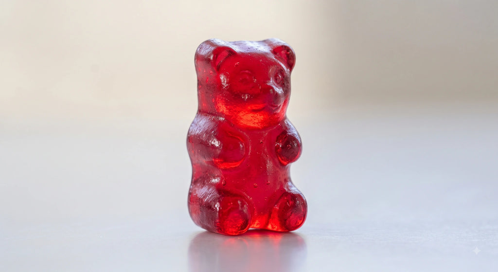 Colorful gummy bears in various shades, including red, blue, green, and orange, featuring a glossy, chewy texture.
