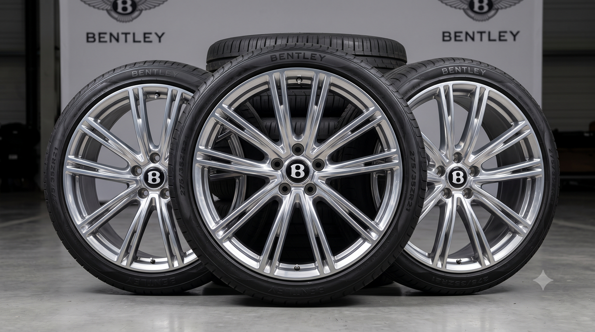 Three polished silver alloy wheels with Bentley insignia and black performance tires displayed in a row.